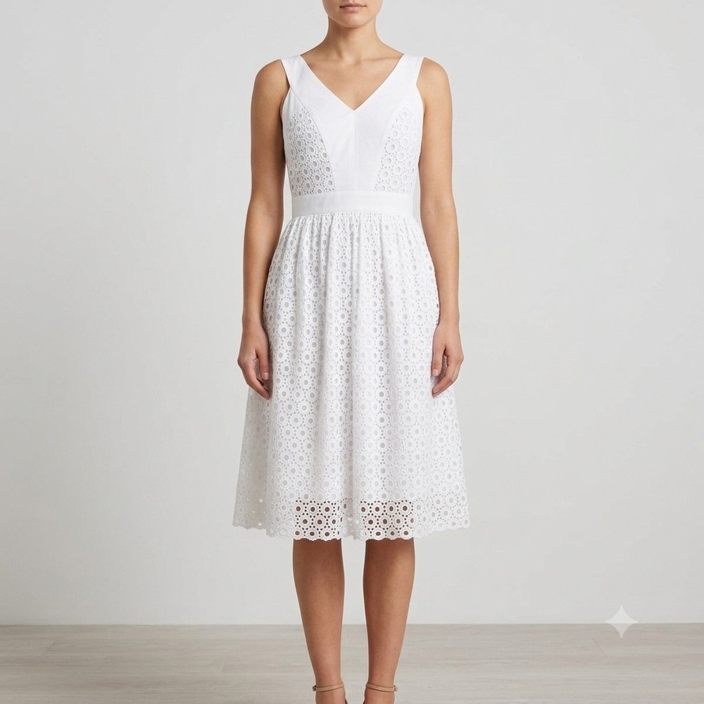 Anne Klein White Eyelet Cotton Midi Dress Sleeveless V-Neck Fit & Flare Size 6